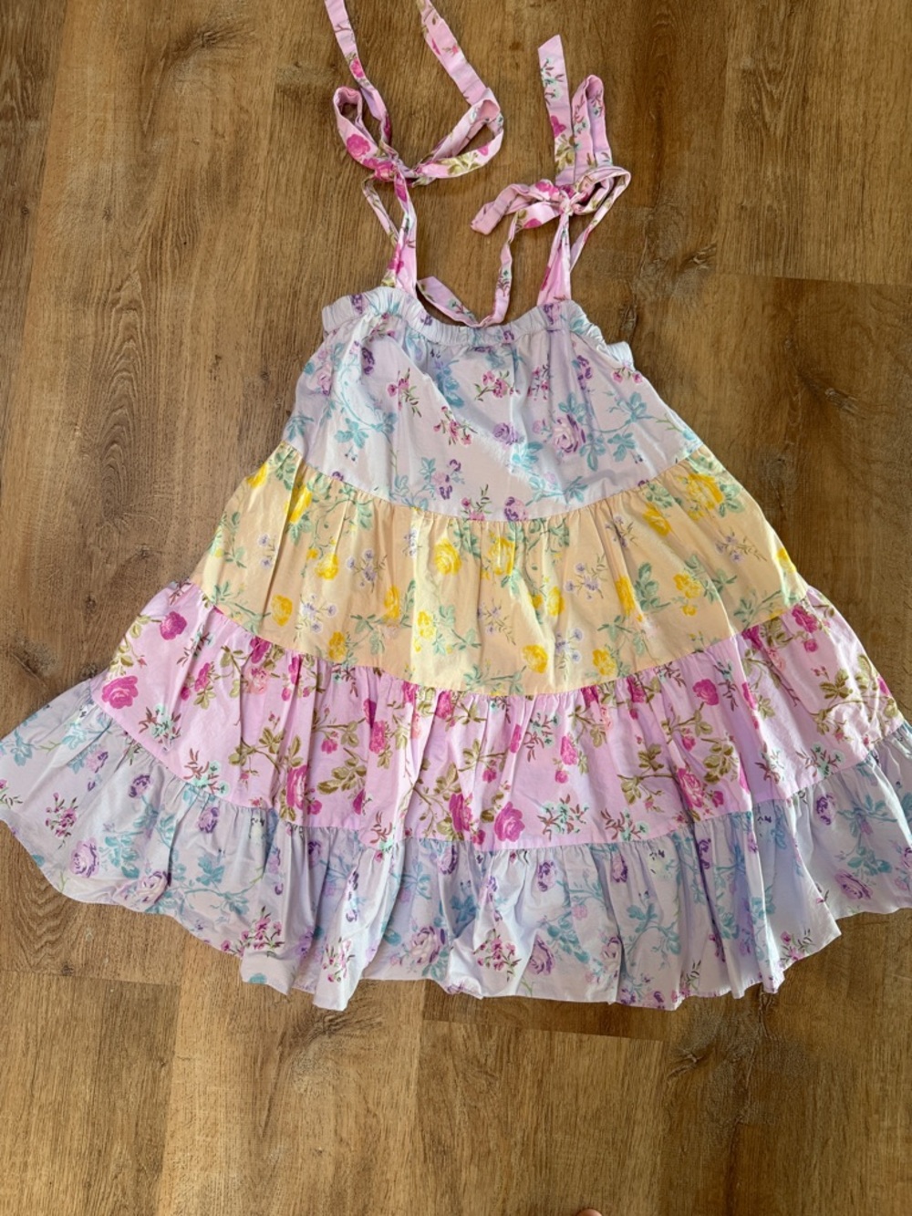 LoveShackFancy Pastel Floral Tiered Mini Dress - Pink, Yellow, Lavender